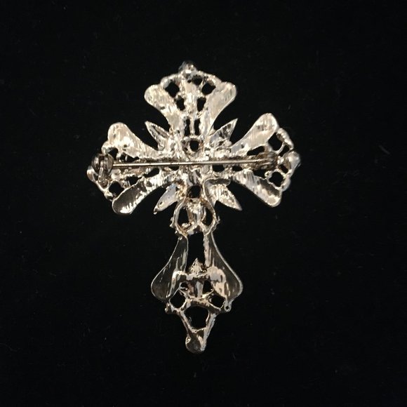 Brooch Large Cross Vintage Retro 80's Crystals Golden Ornate Women's Jewelry - Picture 8 of 11